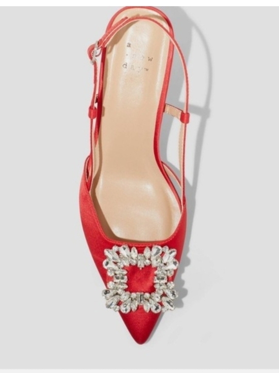 a new day Shoes - a new day Red Satin Pointed Slingback Heels with Crystal Buckle